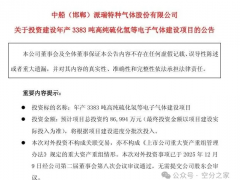 中船特气掷资8.7亿元河北肥乡扩产，一年新增三千吨高端电子气体产能